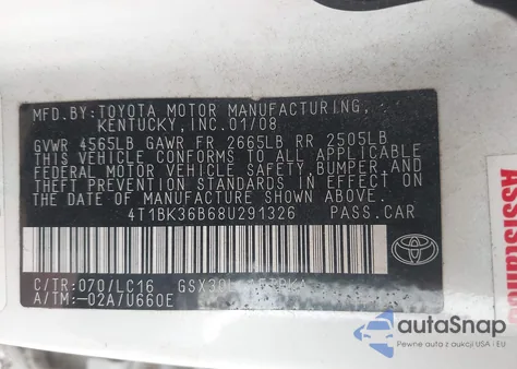 2008 Toyota Avalon Limited z USA, uszkodzony, nr VIN 4T1BK36B68U291326